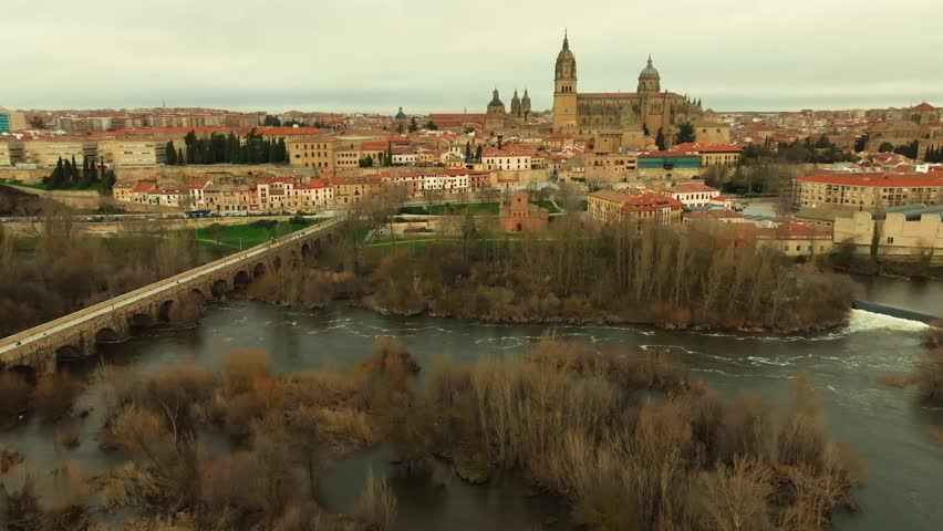 Salamanca Old Town Aerial Panorama with Cathedral and Roman Bridge, Spain