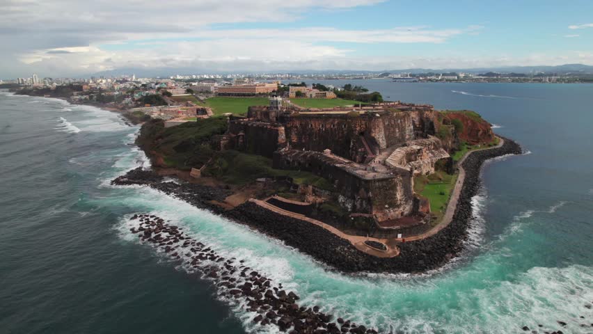 Gorgeous El Morro Castle in Old San Juan, Puerto Rico, epic aerial shot, 4K