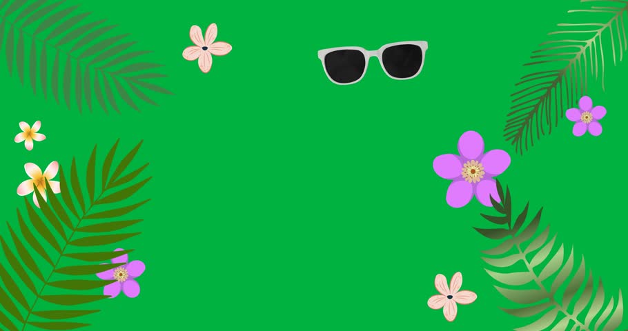 Digital animation of sunglasses, flowers and leaves icons against black background. tropical vector illustration and art concept