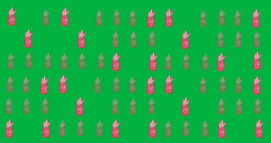 Digital animation of multiple pink pineapple icons in seamless pattern against black background. tropical vector illustration and art concept