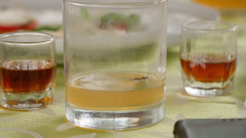 Close up view of small insect trapped inside glass of apple juice on outdoor table during summer.