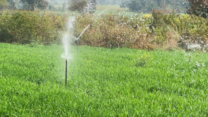 Closeup of a rotating irrigation sprinkler spraying arcs of water across a green crop field, capturing motion, moisture dispersion and efficient farm watering in daylight.