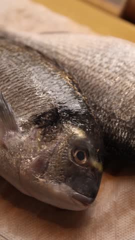 The chef washes dorado in the kitchen. Japanese cuisine