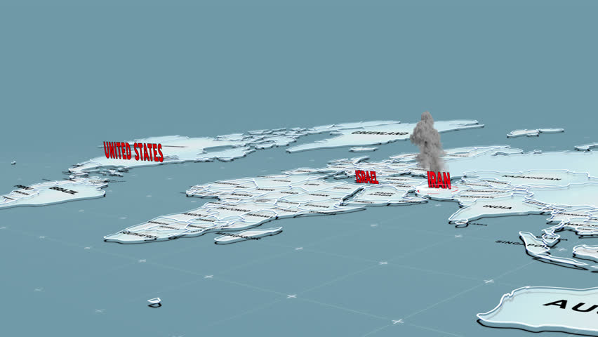 A 3D world map highlights United States, Israel, and Iran, the Middle East, IRAN map, Us map, Israel map, US and Israel, missiles,