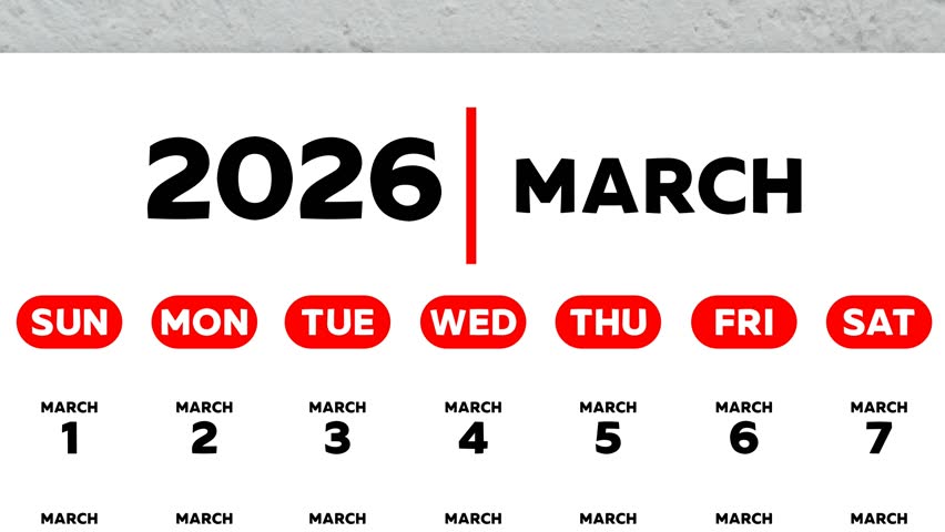 The date March 25thmarked with a red cursor on the wall calendar 2026