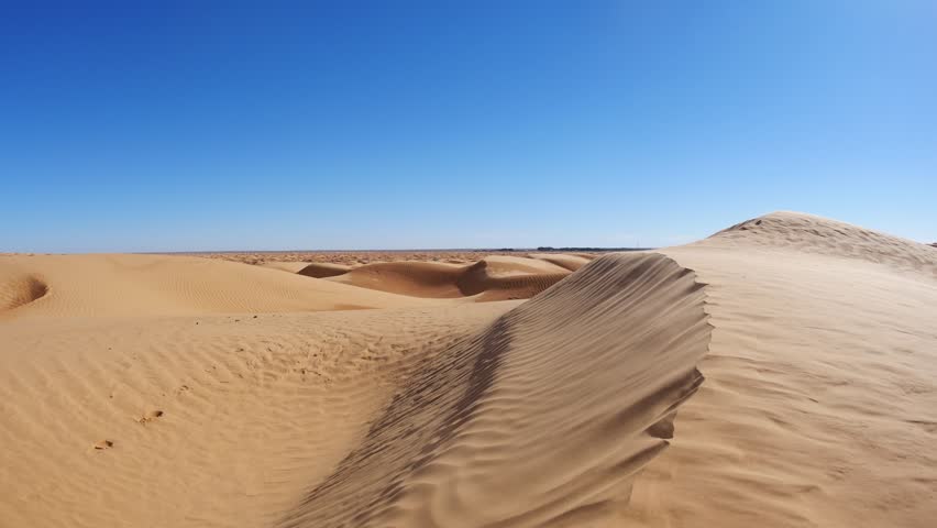 Wind shaped sand dunes at Ksar Ghilane, Tunisia, stretching across the Sahara Desert under a clear blue sky, highlighting textures, curves, and the vast arid landscape