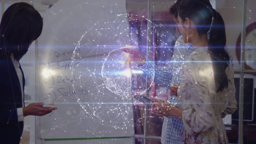 Team tapping phones causing network globe linking devices, woman typing on laptop syncing tech plan. Collaboration, office, openplan, holographic, whiteboard, gadgets, brainstorming