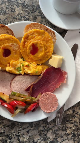 Breakfast with Mini Frittatas Omelette, Serrano Ham, Prosciutto, Iberian Pate, Zucchini and Peppers