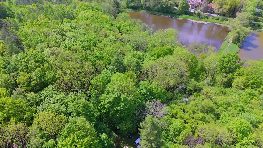 Aerial perspective shows a pond with calm water during spring. Trees with fresh leaves surround the pond. Above, the sky is partly cloudy, reflecting soft light on the water surface.