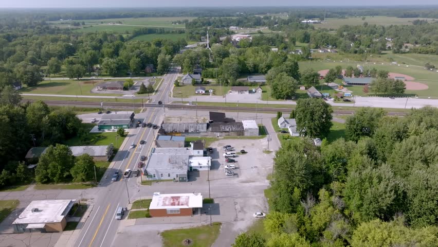 Downtown Emmett, Michigan with drone video moving wide right to left.