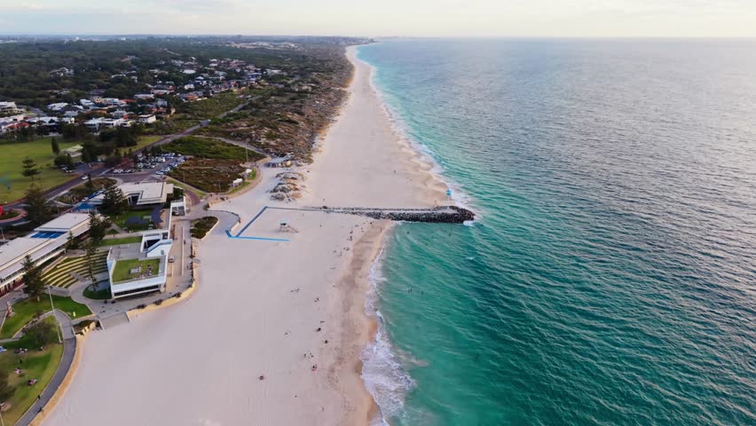 Cinematic drone flight over City beach in Perth, Western Australia