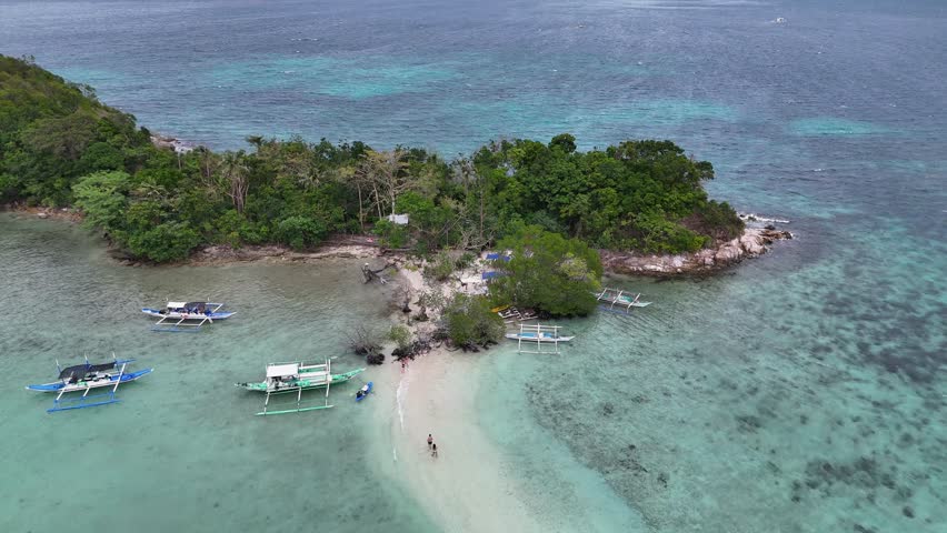 Drone aerial view of Snake Island with its beautiful sandbar in Palawan, Philippines.