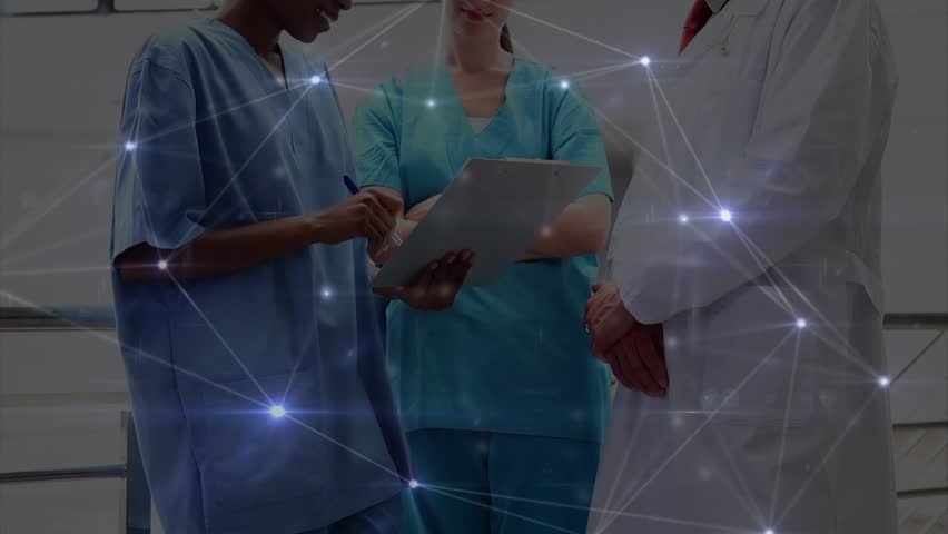 Animation of network of connections over diverse doctors. global medecine, healthcare and connections concept digitally generated video.