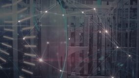 Animation of network of connections with icons and data processing over server room. Global connections, computing and digital interface concept digitally generated video. - Powered by Shutterstock - Get 15% off with code: PIKWIZARD15