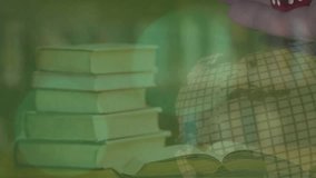 Animation of financial data processing with dices and globe over books. Global finances, computing and digital interface concept digitally generated video. - Powered by Shutterstock - Get 15% off with code: PIKWIZARD15