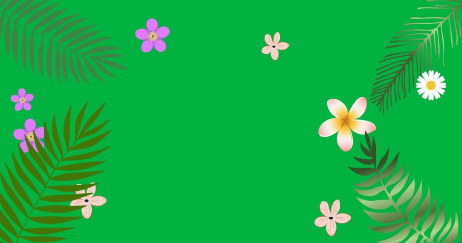 Digital animation of green leaves and colorful flower icons with copy space on black background. tropical vector illustration and art concept