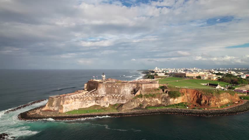 Spanish Castle in Old San Juan, Puerto Rico, 4K drone shot
