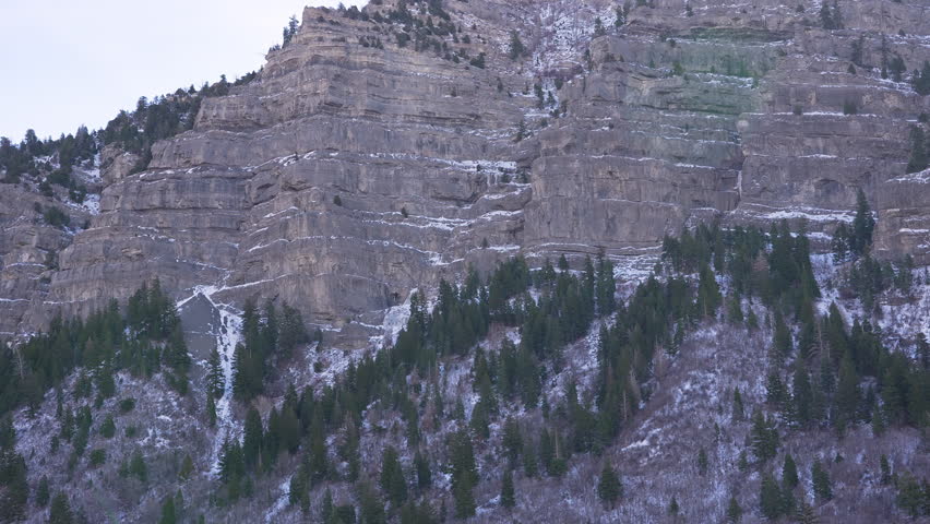 View of the cliffs in Utah while driving through Provo Canyon during winter.