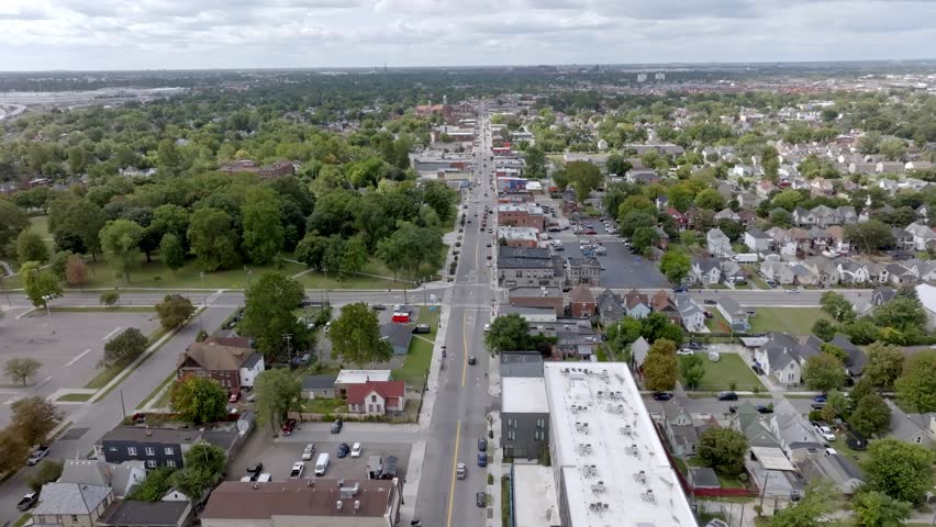 Mexicantown neighborhood in Detroit, Michigan with drone video moving in.