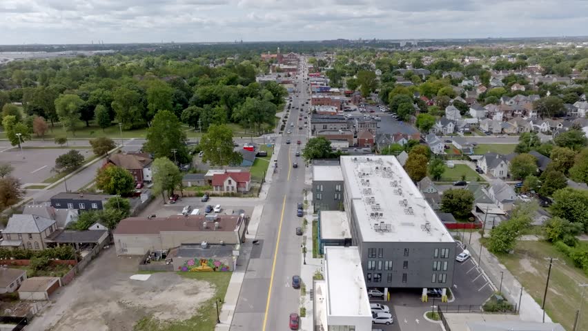 Mexicantown neighborhood in Detroit, Michigan with drone video moving up.