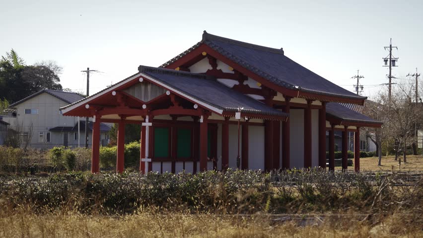 Mikawa Kokubuninji Ruins Historic Site Park - A Rebuilt Red Temple Entrance Building in Toyokawa (Aichi, Japan)