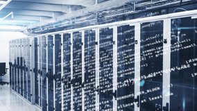 Code overlay starting over racks, scrolling diagonally as camera panning right, visualizing network. Servers, cabinets, cables, blue, futuristic, glyphs, motion - Powered by Shutterstock - Get 15% off with code: PIKWIZARD15