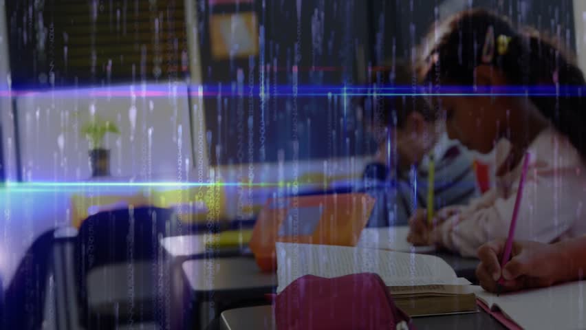 Three students doing work with pencils in classroom while camera shifting and scan lines appearing. Pupils, notebooks, row, desks, focus, concentration, education