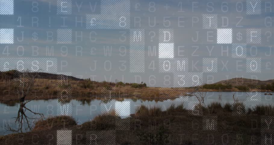 Marsh receiving data pulse, overlay grid and tiles shifting, flickering to visualize data. Wetland, lake, reeds, reflections, landscape, nature, calm