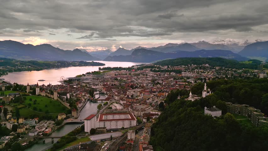 Lucern, Switzerland aerial view over the Ruess River.