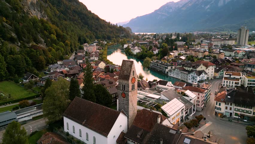 Unterseen, Switzerland in the Interlaken region from above at dawn.