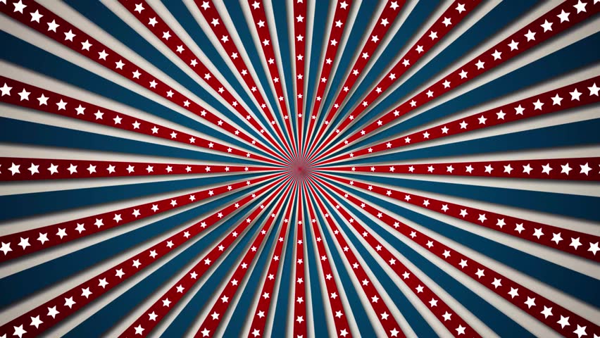 Sunburst retro with patriotic US flag, wild west or circus retro vintage theme. 4K loop able rotating animation in beige, blue and red stripes with stars