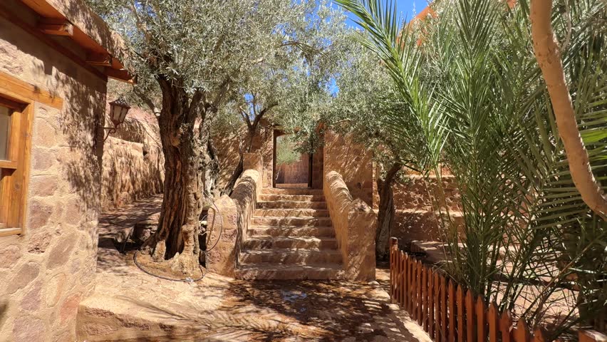 Pov walking inside Saint Catherine monastery courtyard