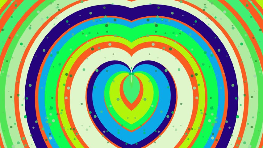 A vibrant heart shape composed of concentric rainbow-like bands in an array of bright colors. This abstract geometric pattern symbolizes love and joy, perfect for cheerful designs and backgrounds.