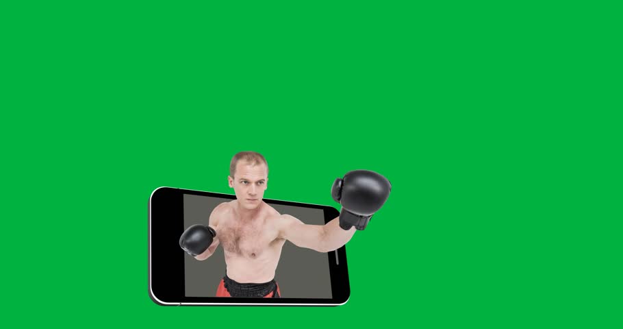 Caucasian male boxer wearing boxing gloves over smartphone icon against black background. sports tournament and competition concept