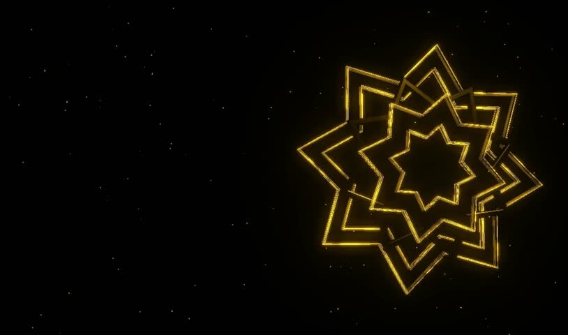 Glowing golden octagram star rotating with particles on black background for Ramadan or Eid Mubarak celebration, 3D motion graphic animation.
