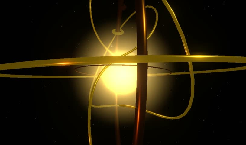 Glowing golden sphere with intersecting metallic rings rotating in dark starry space for science or technology background, 3D animation.