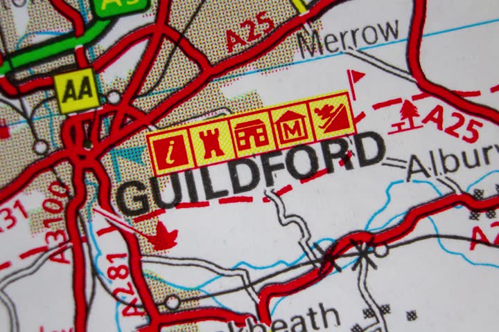 Guildford - England, United Kingdom colour atlas map town name of the area zoom in