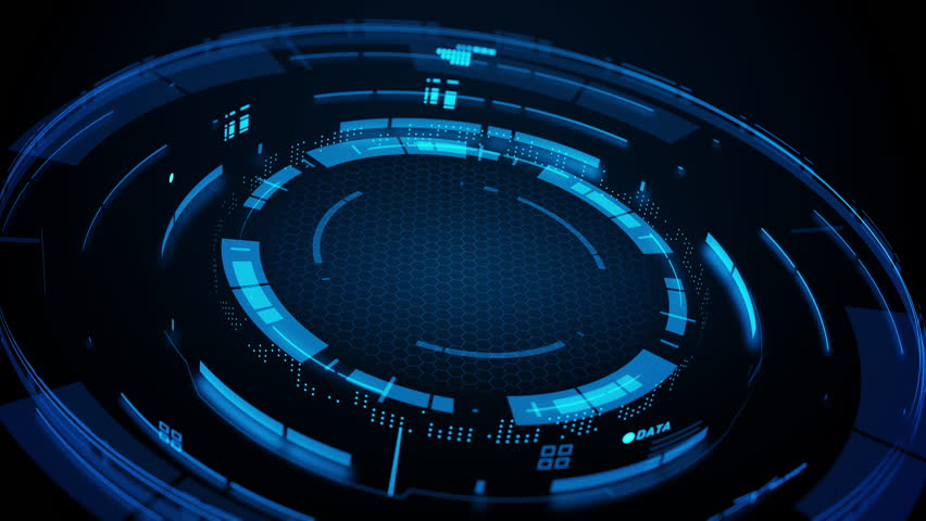 Futuristic cyber security shield with digital lock icon on blue HUD interface, representing data protection, network security, encryption, and advanced technology defense system. Background 4k