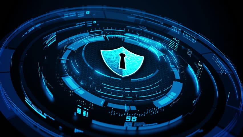 Futuristic cyber security shield with digital lock icon on blue HUD interface, representing data protection, network security, encryption, and advanced technology defense system. Background 4k