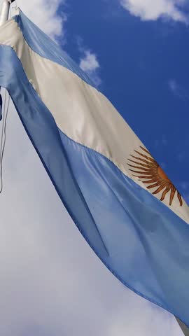 Argentine Flag Close Up Waving Against Blue Sky Vertical Buenos Aires