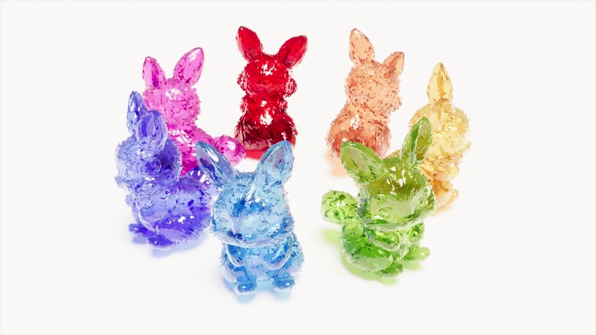 Color glass rainbow rabbit bunny on white bg able to loop endless 4k. 3D Illustration