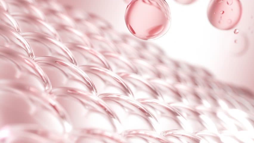 Pink collagen skincare, Cosmetic essence bubbles infusing into skin cell structure.