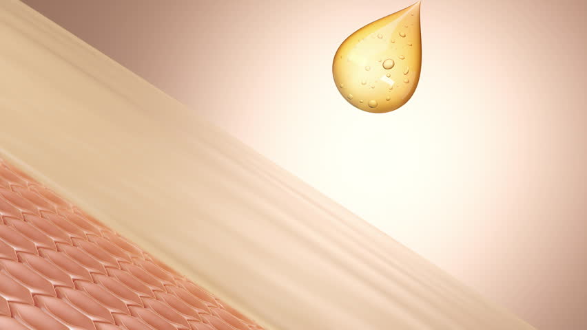 Cosmetic oil serum bubbles absorbing into skin layers, transforming dull cells into glowing radiant skin.