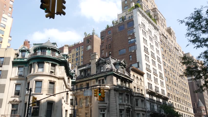 New York City urban buildings architecture in residential district, Manhattan Upper West Side 72 street, United States of America. Old historic house in USA. Classic corner near Riverside park.