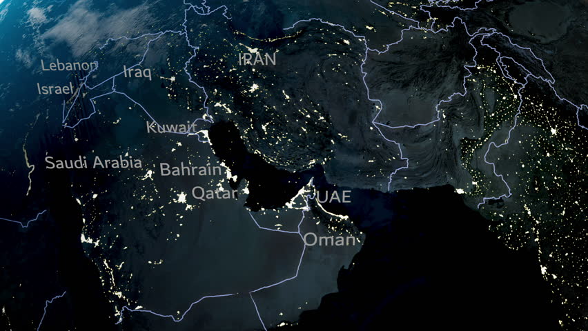 Israel war on Iran atack Gulf cities Map Dubai, UAE. Qatar, Iraq, Kuwait, Oman, Saudi, Bahrain. 3D Illustration