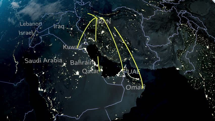 Israel war on Iran atack Gulf cities Map Dubai, UAE. Qatar, Iraq, Kuwait, Oman, Saudi, Bahrain. 3D Illustration