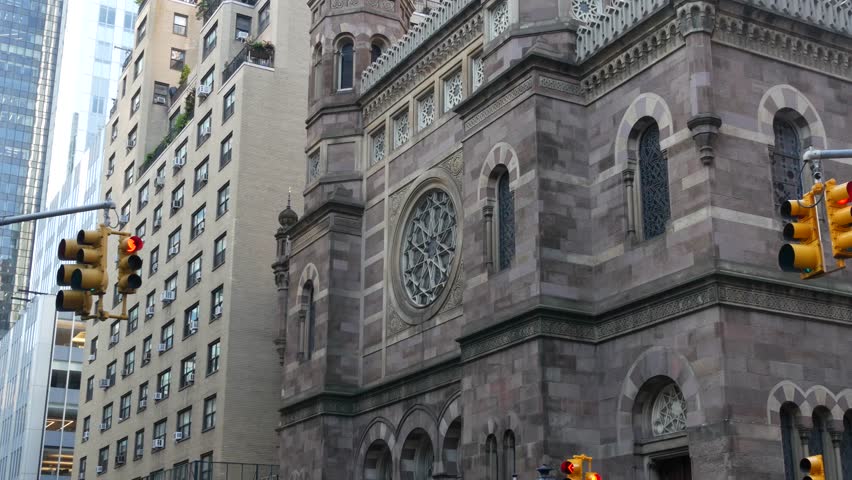 New York Central Synagogue historic building 1872, Lexington avenue, United States of America. Jewish congregation in Manhattan. Judaism religion landmark. Turret with Star of David ornament. Heritage
