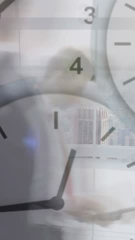 Vertical video: Woman crossing pane with tray making ghost clock hands rotating showing biz time. Timepiece, translucent, overlay, urban, skyline, window, vertical video