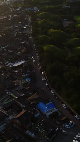 9:16 drone reveal of Tumuli Park in Gyeongju, South Korea, soft golden light