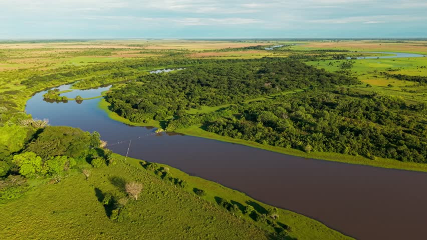 Aerial drone footage flying over the vast colombian plains, revealing a winding river and dense forest
